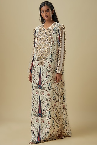 Blue Crepe Digital Printed & Hand Embroidered Kaftan by Payal Singhal