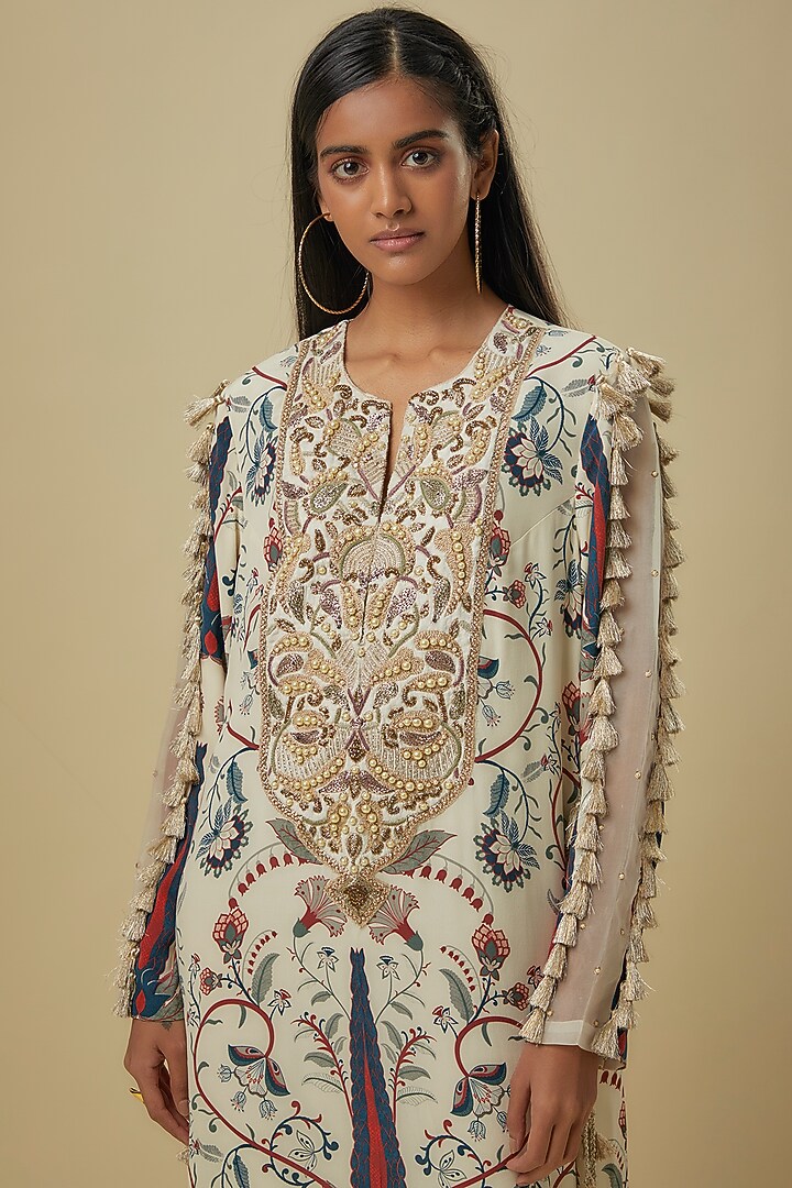 Blue Crepe Digital Printed & Hand Embroidered Kaftan by Payal Singhal at Pernia's Pop Up Shop