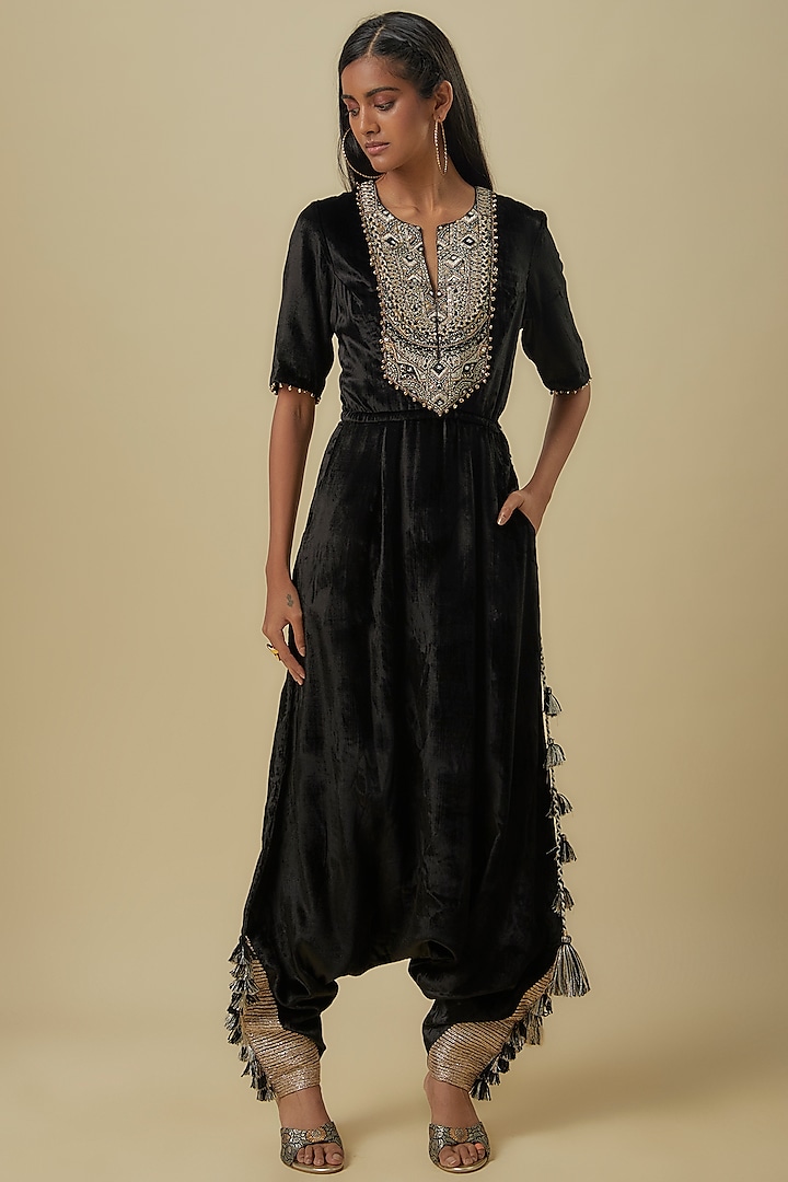 Black Velvet Hand Embroidered Jumpsuit by Payal Singhal at Pernia's Pop Up Shop