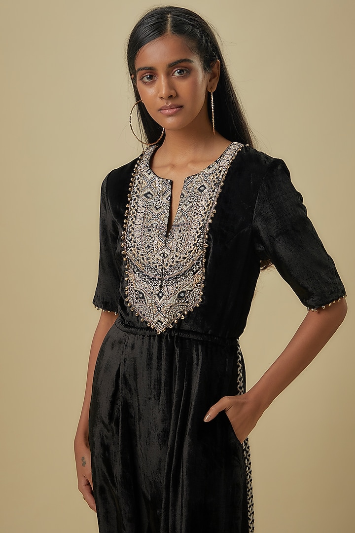 Black Velvet Hand Embroidered Jumpsuit by Payal Singhal at Pernia's Pop Up Shop