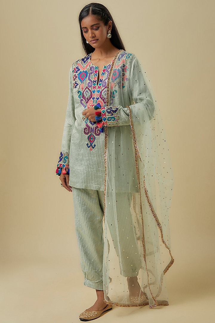 Pale Blue Chanderi Hand Embroidered Short Kurta Set by Payal Singhal at Pernia's Pop Up Shop