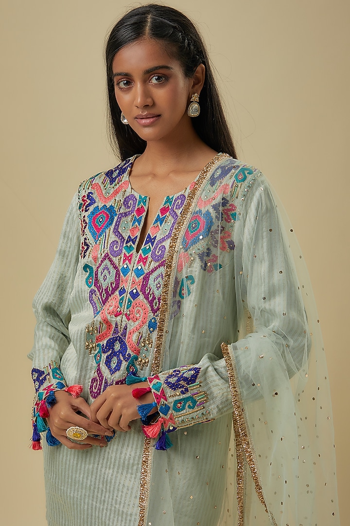 Pale Blue Chanderi Hand Embroidered Short Kurta Set by Payal Singhal at Pernia's Pop Up Shop