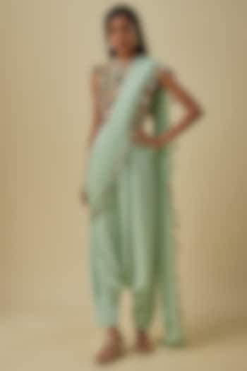 Mint Mukaish Georgette Dhoti Saree Set by Payal Singhal at Pernia's Pop Up Shop