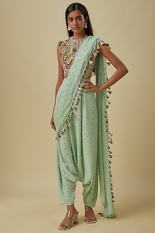 Mint Mukaish Georgette Dhoti Saree Set by Payal Singhal