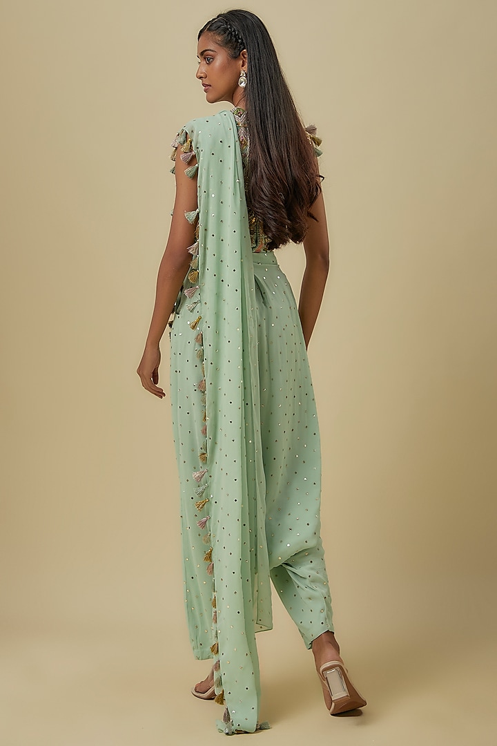 Mint Mukaish Georgette Dhoti Reception Saree Set by Payal Singhal at Pernia's Pop Up Shop