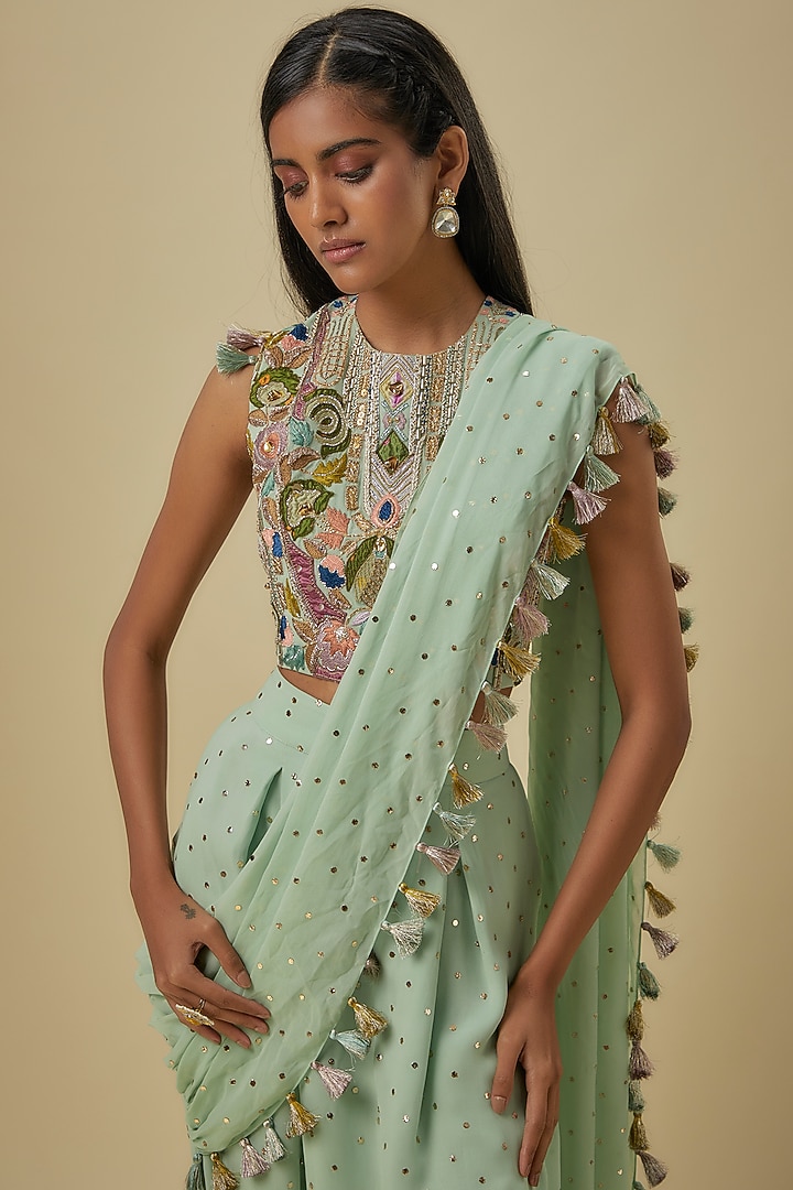 Mint Mukaish Georgette Dhoti Reception Saree Set by Payal Singhal at Pernia's Pop Up Shop