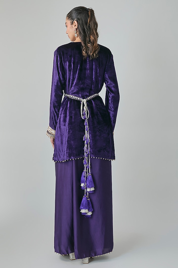 Purple Silk Satin Embroidered Kurta Set by Payal Singhal at Pernia's Pop Up Shop