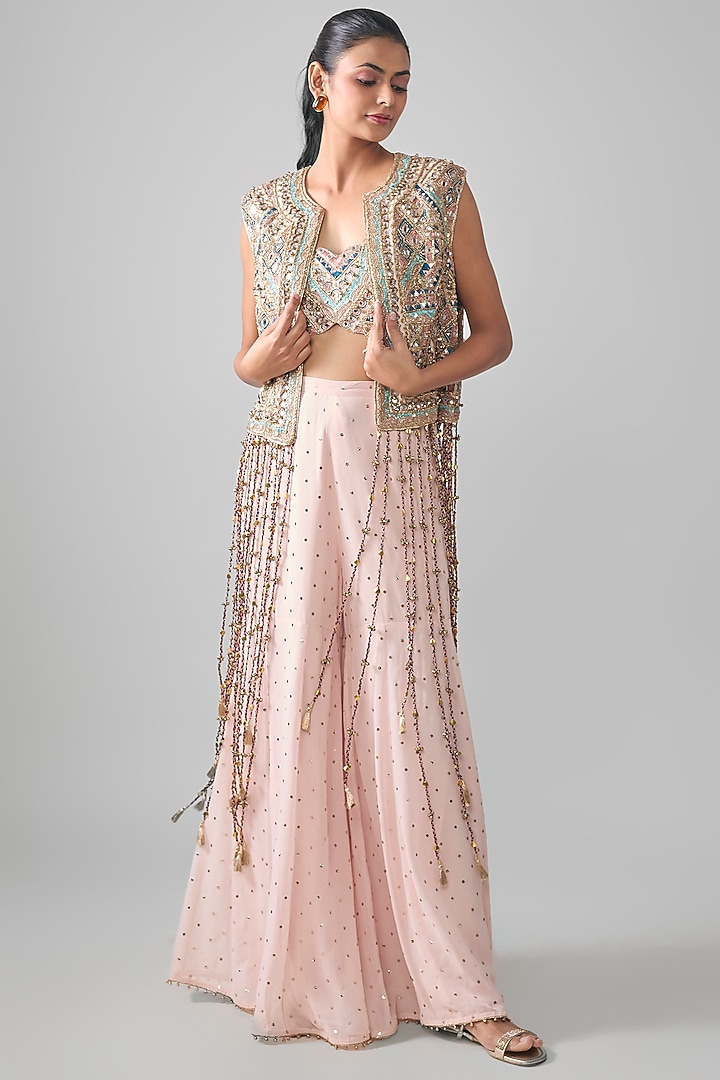Blush Pink Mukaish Georgette Mirror Embroidered Bridal Sharara Set by Payal Singhal at Pernia's Pop Up Shop