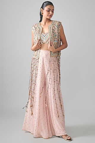 Blush Pink Mukaish Georgette Mirror Embroidered Sharara Set by Payal Singhal