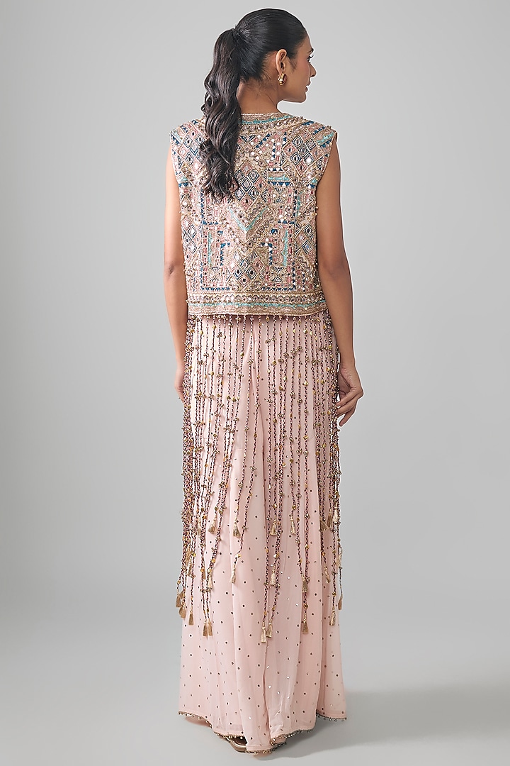 Blush Pink Mukaish Georgette Mirror Embroidered Bridal Sharara Set by Payal Singhal at Pernia's Pop Up Shop