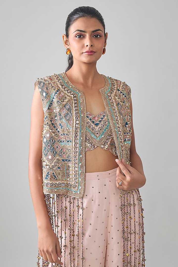 Blush Pink Mukaish Georgette Mirror Embroidered Bridal Sharara Set by Payal Singhal at Pernia's Pop Up Shop