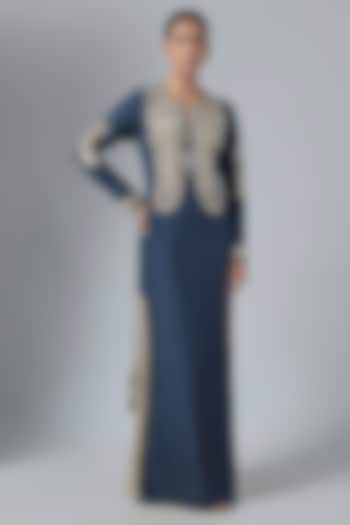 Navy Blue Habutai Silk Embroidered Kaftan by Payal Singhal at Pernia's Pop Up Shop