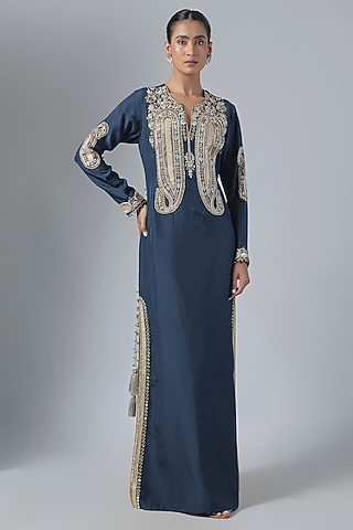 Navy Blue Habutai Silk Embroidered Kaftan by Payal Singhal