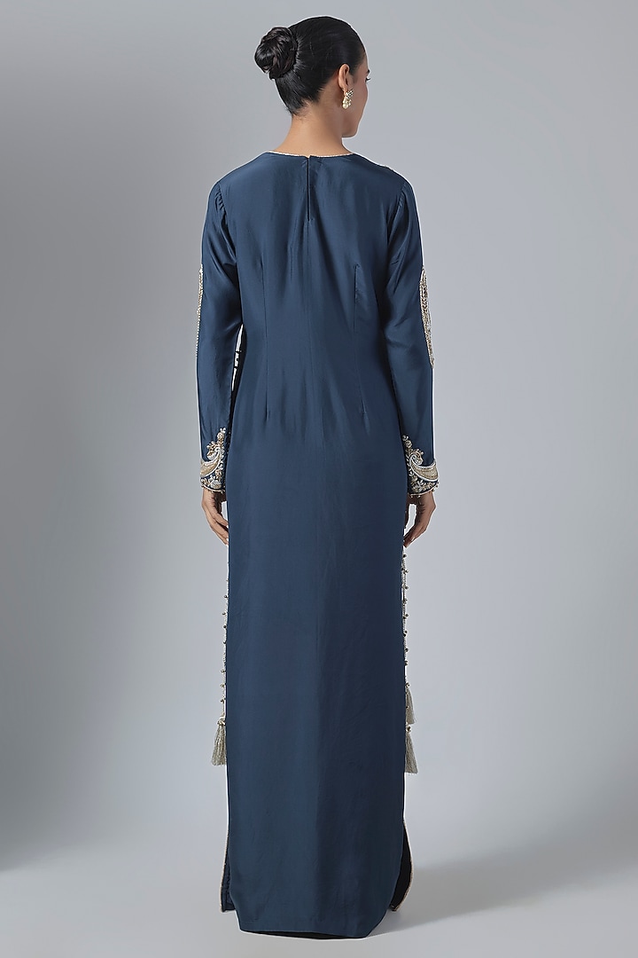 Navy Blue Habutai Silk Embroidered Kaftan by Payal Singhal at Pernia's Pop Up Shop