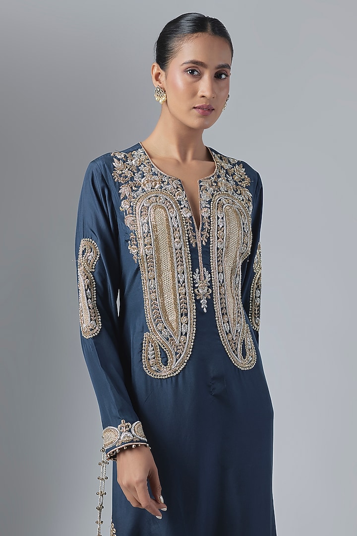 Navy Blue Habutai Silk Embroidered Kaftan by Payal Singhal at Pernia's Pop Up Shop