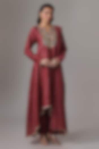 Cranberry Silk Mul Mirror Embroidered High-Low Wedding Anarkali Set by Payal Singhal at Pernia's Pop Up Shop