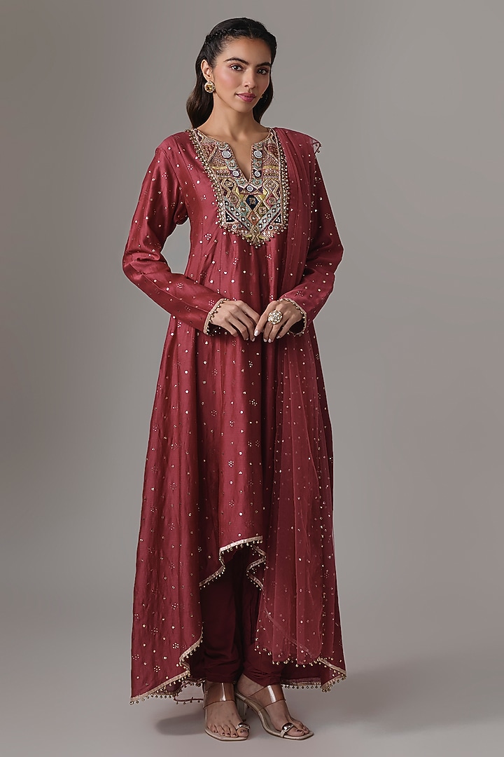 Cranberry Silk Mul Mirror Embroidered High-Low Wedding Anarkali Set by Payal Singhal at Pernia's Pop Up Shop