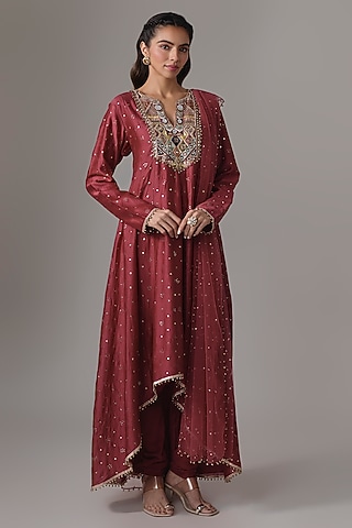 Cranberry Silk Mul Mirror Embroidered High-Low Anarkali Set by Payal Singhal