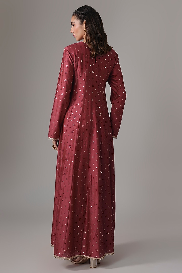 Cranberry Silk Mul Mirror Embroidered High-Low Wedding Anarkali Set by Payal Singhal at Pernia's Pop Up Shop