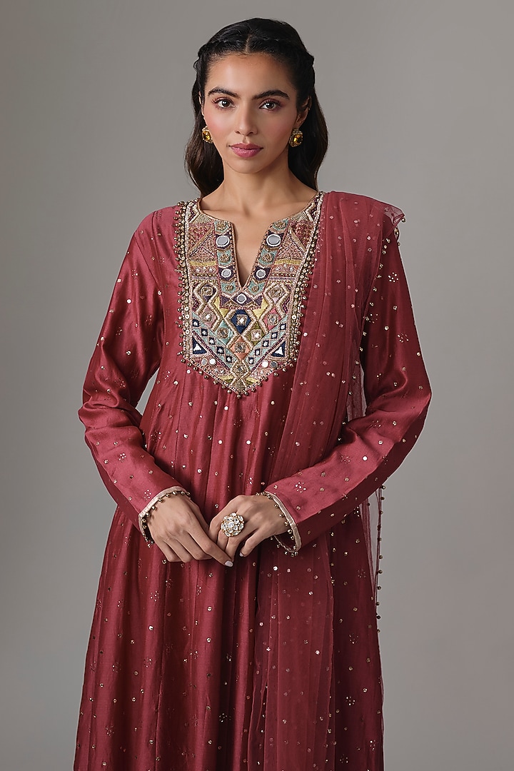 Cranberry Silk Mul Mirror Embroidered High-Low Wedding Anarkali Set by Payal Singhal at Pernia's Pop Up Shop