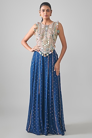 Navy Blue Mukaish Georgette Embroidered Sharara Set by Payal Singhal