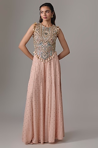 Rose Pink Mukaish Georgette Sharara Set by Payal Singhal