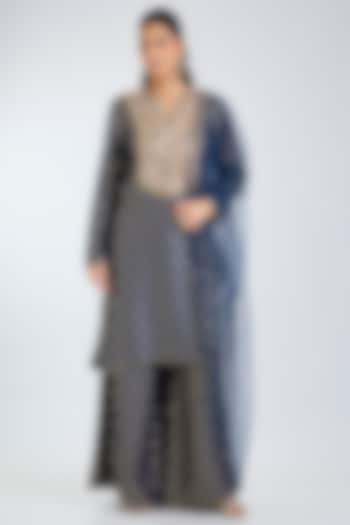 Navy Blue Dola Silk Embroidered Kurta Set by Payal Singhal at Pernia's Pop Up Shop