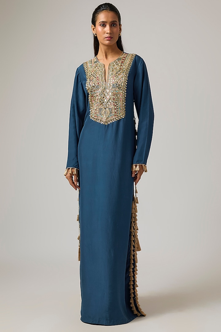Navy Blue Habutai Silk Party Wear Dress by Payal Singhal at Pernia's Pop Up Shop