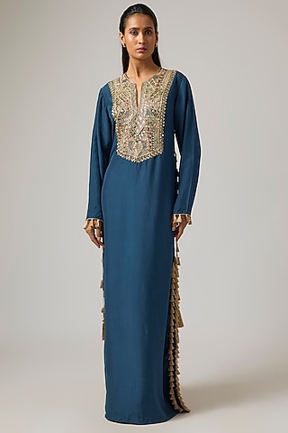 Navy Blue Habutai Silk Dress by Payal Singhal