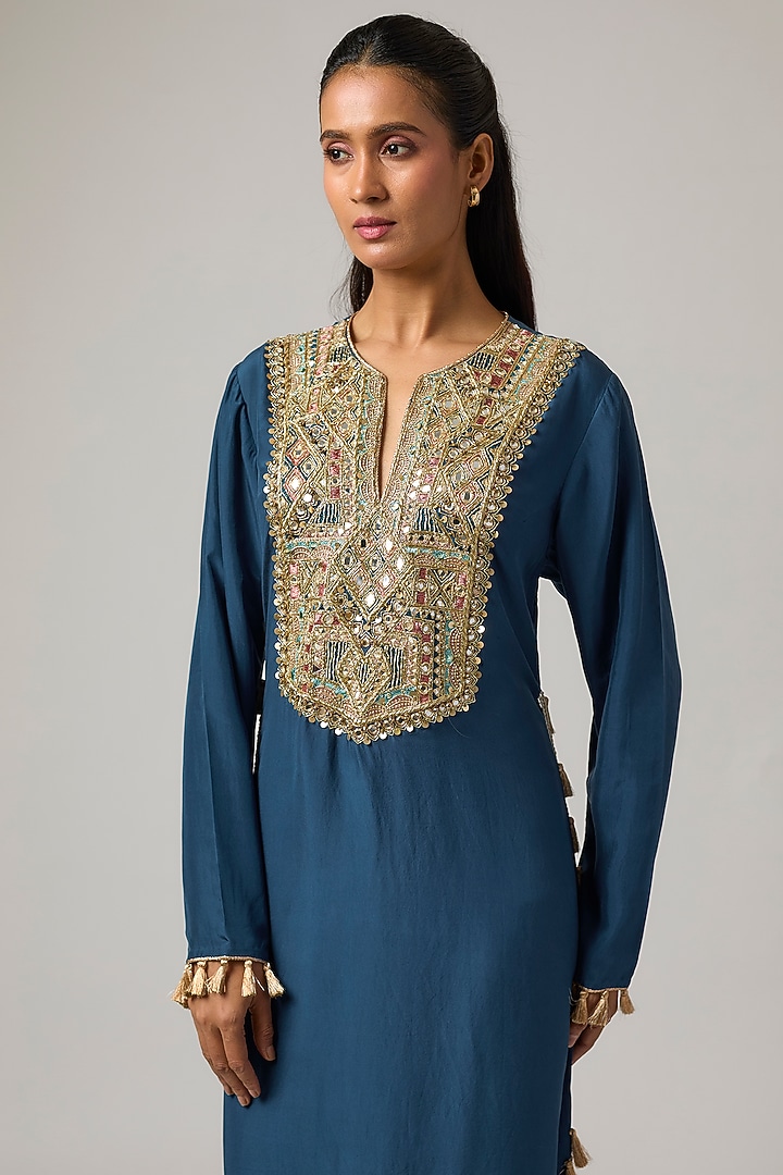 Navy Blue Habutai Silk Party Wear Dress by Payal Singhal at Pernia's Pop Up Shop