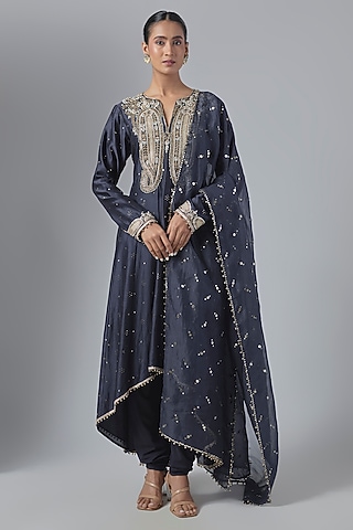 Navy Blue Mukaish Mulmul Embroidered Anarkali Set by Payal Singhal