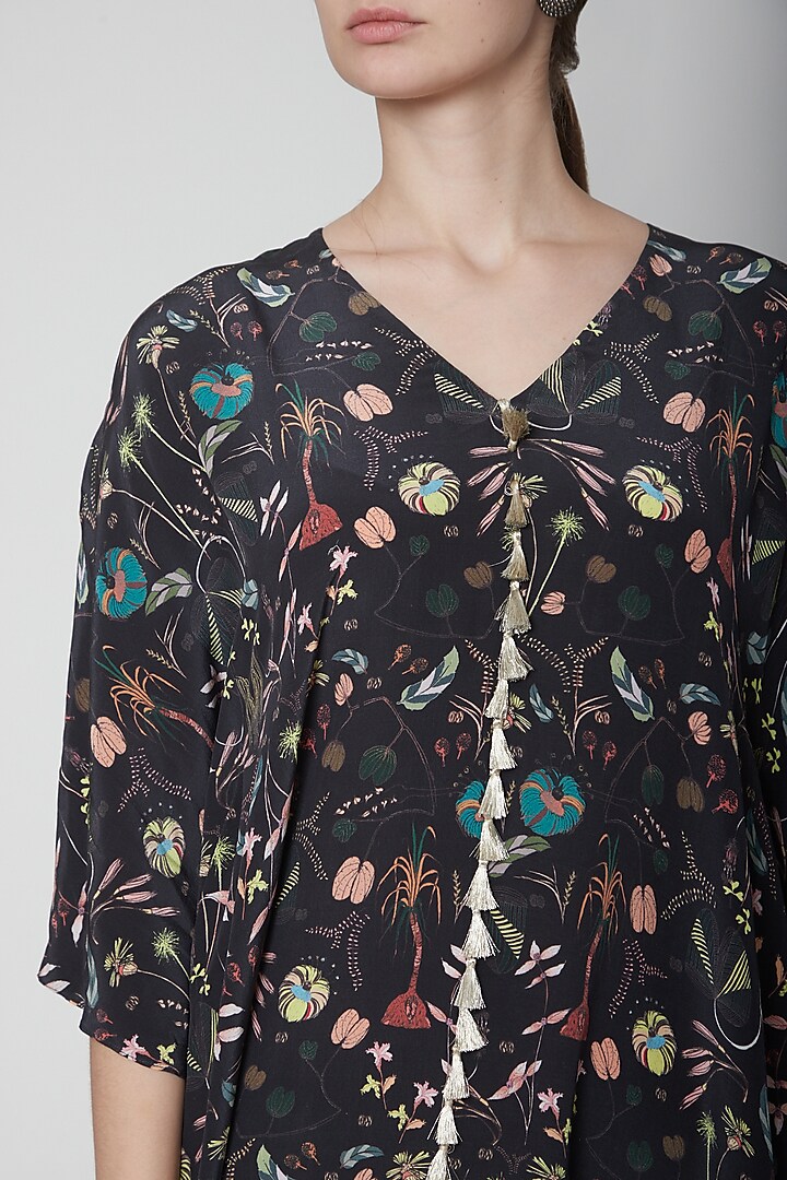 Black Printed Kaftan Tunic With Tassels by PS Pret by Payal Singhal at Pernia's Pop Up Shop