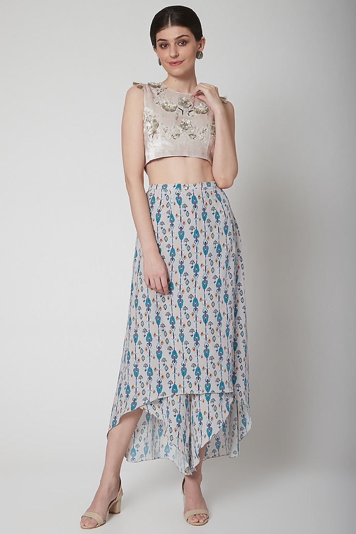 White Embroidered Blouse With Printed Palazzo Pants  by Payal Singhal