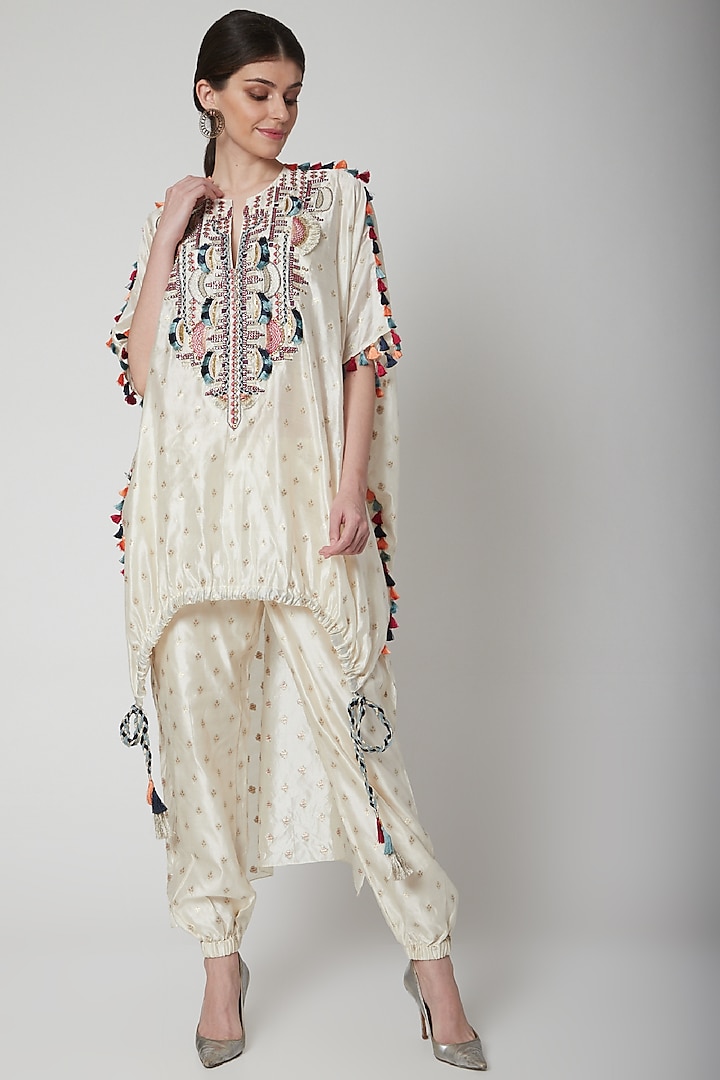Off White Embroidered Kaftan With Pants by Payal Singhal