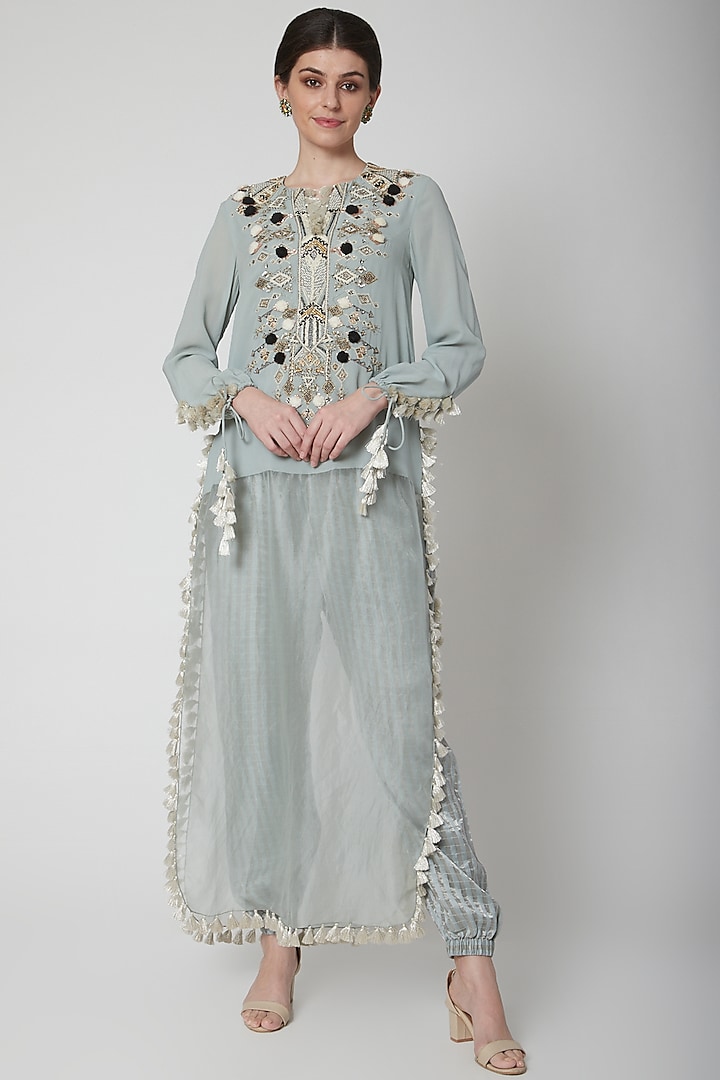 Pale Blue Embroidered Kurta With Pants by Payal Singhal