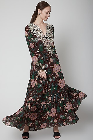 Brown Viscose Floral Printed Tiered Maxi Dress by PS Pret by Payal Singhal