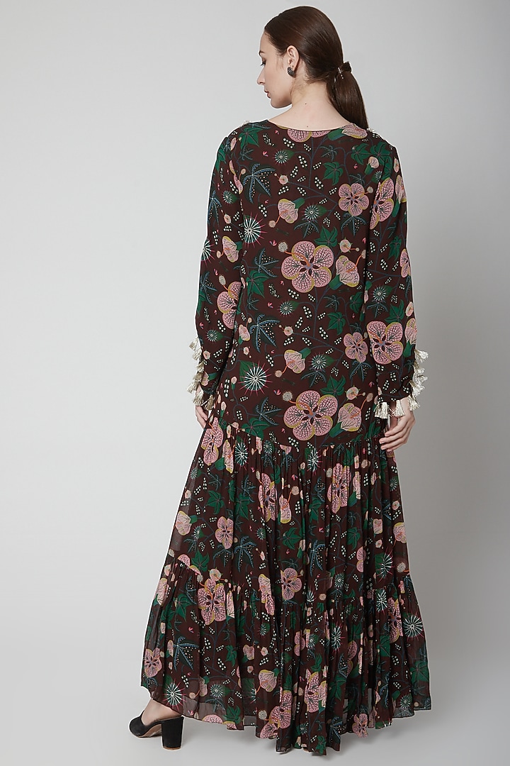 Brown Viscose Floral Printed Tiered Maxi Vacation Dress by PS Pret by Payal Singhal at Pernia's Pop Up Shop