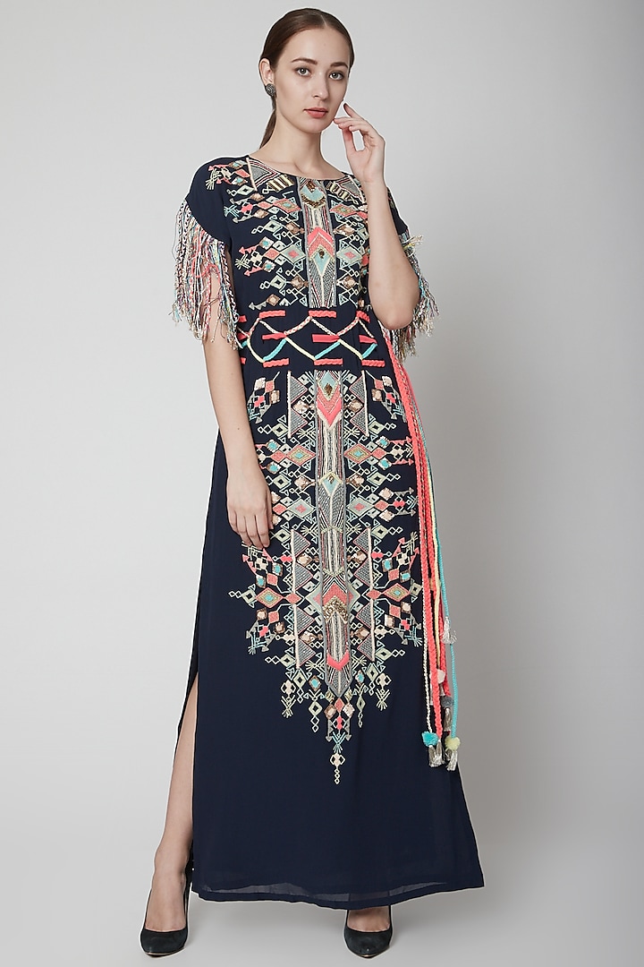 Navy Blue Embroidered Kaftan With Belt by Payal Singhal