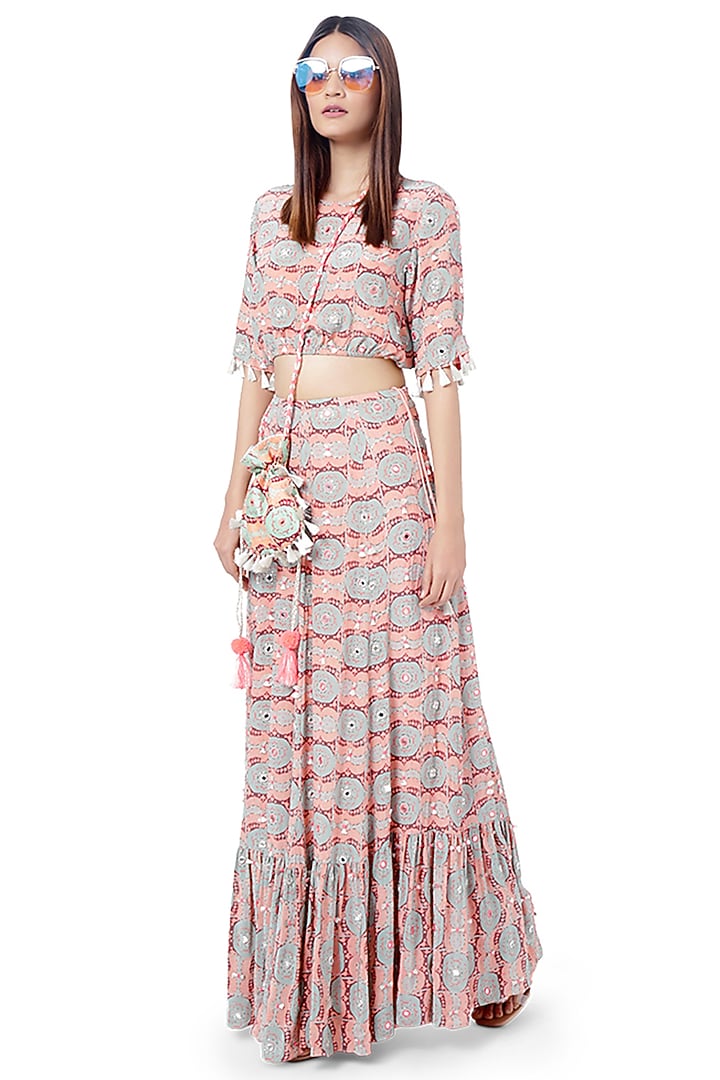 Coral & Mint Printed Skirt Set by Payal Singhal at Pernia's Pop Up Shop