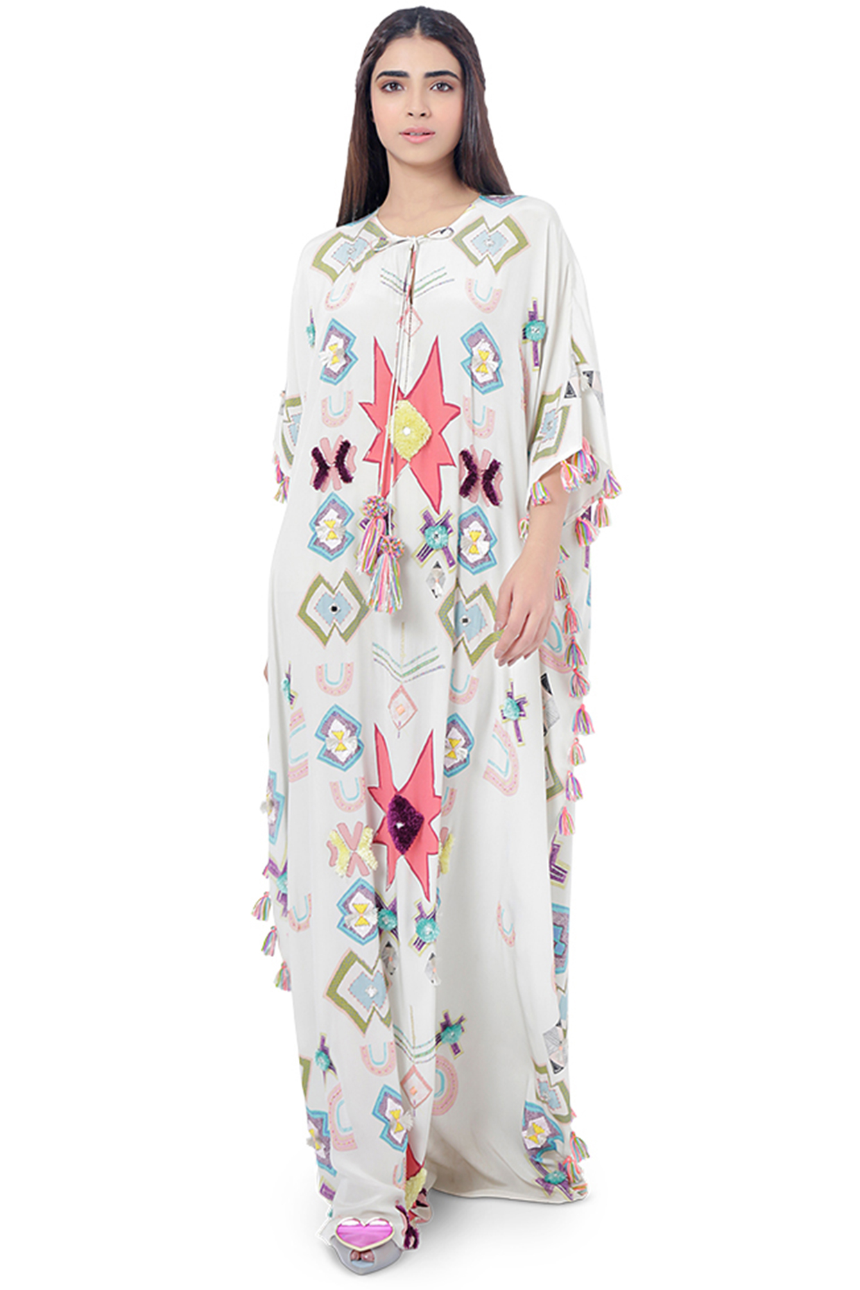 White Embroidered Printed Kaftan by Payal Singhal at Pernia's Pop Up Shop