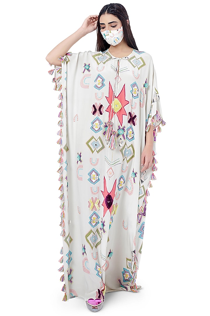 White Embroidered Printed Kaftan by Payal Singhal at Pernia's Pop Up Shop