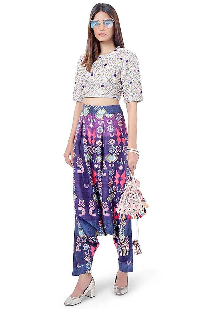 Purple & Blue Embroidered Pant Set by Payal Singhal at Pernia's Pop Up Shop