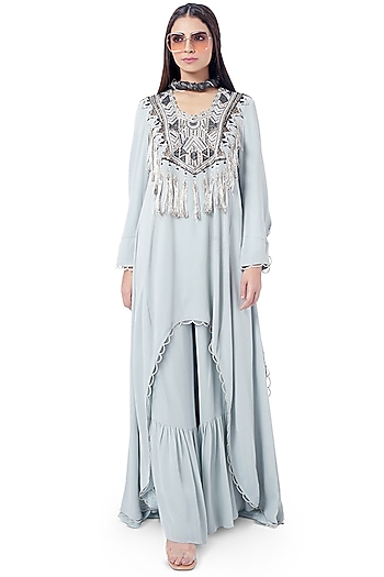 Pale Blue & Black Embroidered Kurta Set by Payal Singhal at Pernia's Pop Up Shop