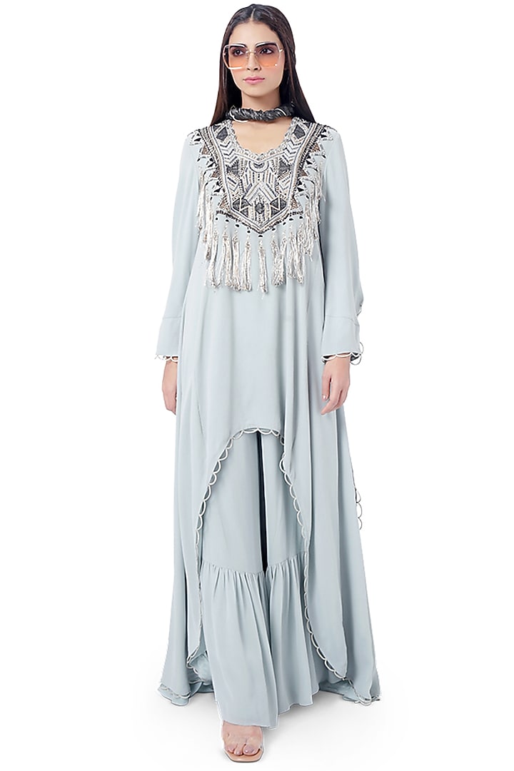 Pale Blue & Black Embroidered Kurta Set by Payal Singhal at Pernia's Pop Up Shop