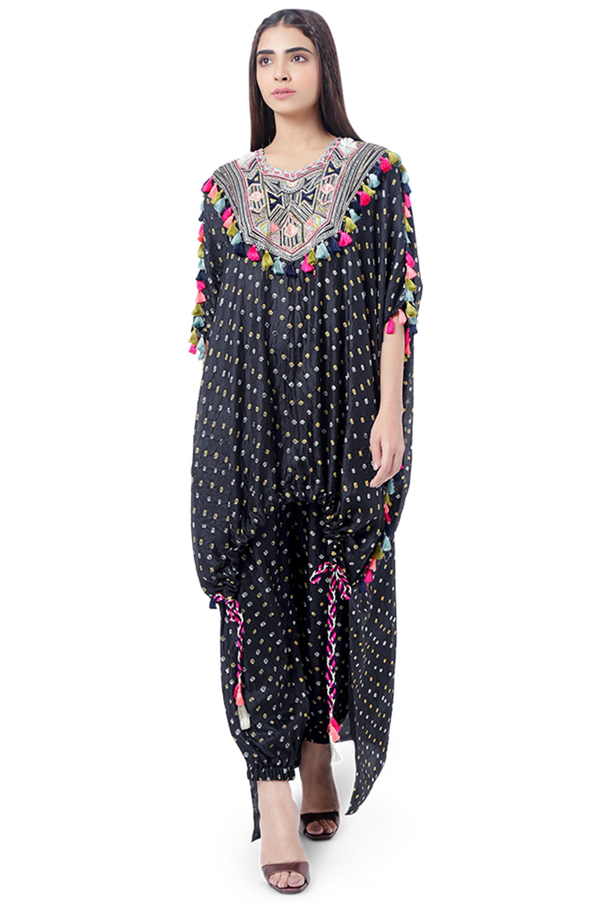 Black Embroidered Kaftan With Pants by Payal Singhal at Pernia's Pop Up Shop