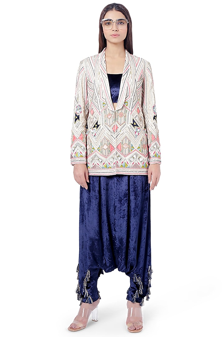 White & Navy Blue Embroidered Jacket Set by Payal Singhal at Pernia's Pop Up Shop