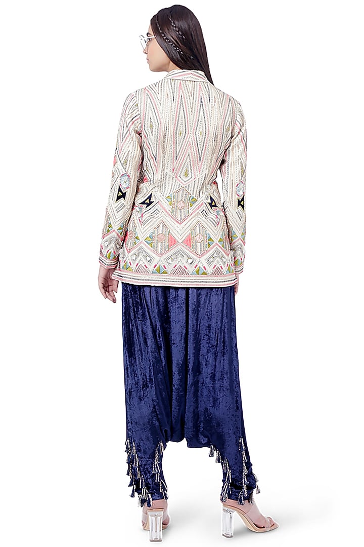 White & Navy Blue Embroidered Jacket Set by Payal Singhal at Pernia's Pop Up Shop