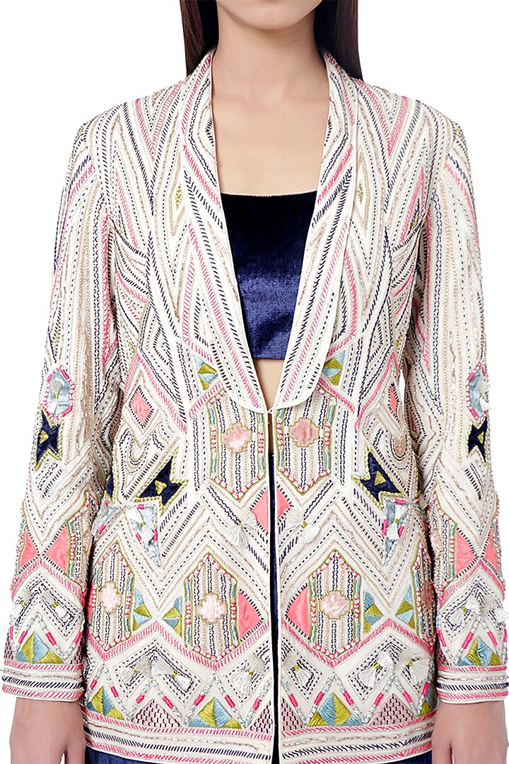 White & Navy Blue Embroidered Jacket Set by Payal Singhal at Pernia's Pop Up Shop