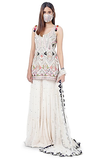 Chalk White Embroidered Bridal Sharara Set by Payal Singhal at Pernia's Pop Up Shop