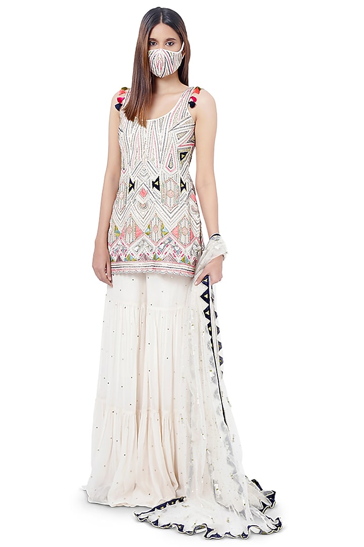 Chalk White Embroidered Bridal Sharara Set by Payal Singhal at Pernia's Pop Up Shop